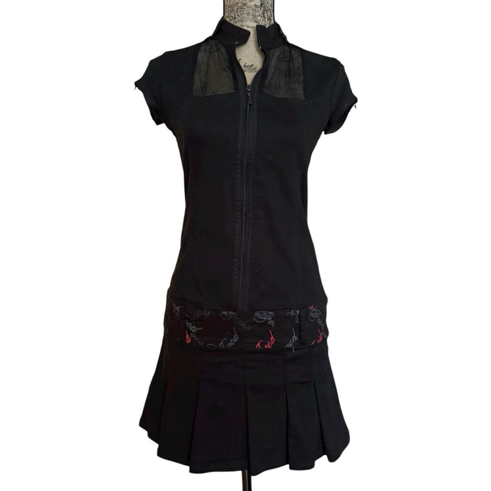 Y2K Emo Goth Black Short Sleeve Dress with Zipper Pleated Skirt Size M